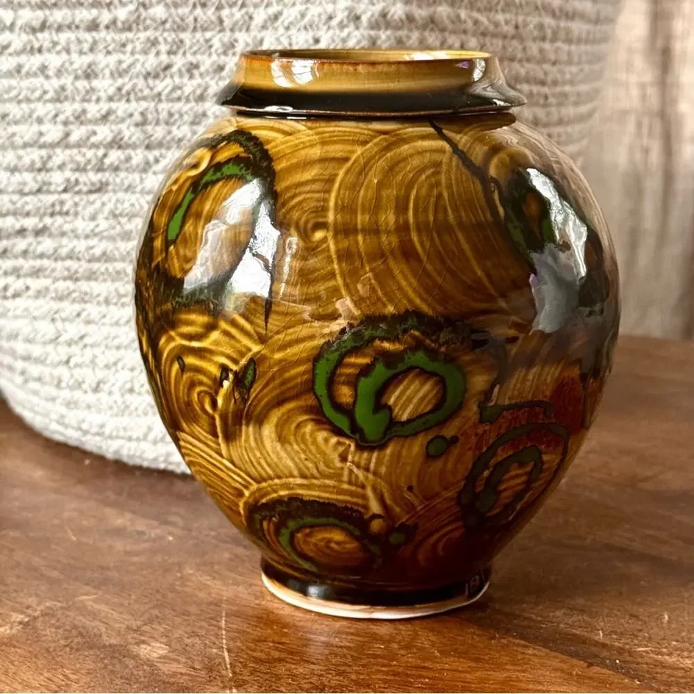 Vintage Studio Art Pottery Vase Stoneware Glossy Swirl Glaze Boho Earthy MCM 7”